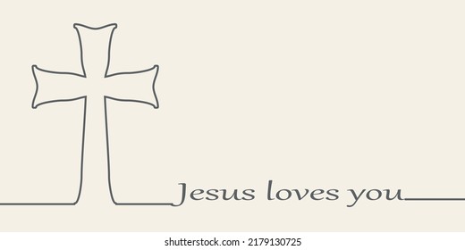Christianity concept illustration. Cross and Jesus loves you phrase. Thin line style