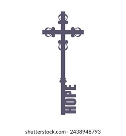 Christianity concept illustration. Cross shape key with hope word. Concept of a key of hope.