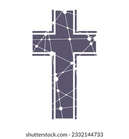 Christianity concept illustration. Cross textured by connected lines with dots. Religion and science text
