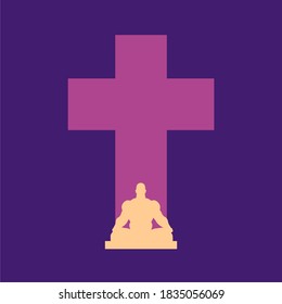 Christianity concept illustration. Man in kotus pose and cross