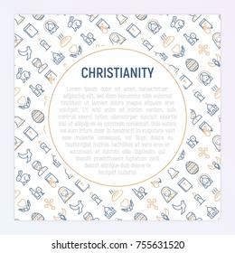 Christianity concept with thin line icons of priest, church, nun, crucifixion, Jesus, bible, dove. Vector illustration for banner, web page, print media.