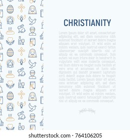 Christianity concept with thin line icons of priest, church, nun, crucifixion, Jesus, bible, dove. Vector illustration for banner, web page, print media.
