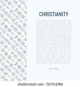 Christianity concept with thin line icons of priest, church, nun, crucifixion, Jesus, bible, dove. Vector illustration for banner, web page, print media.