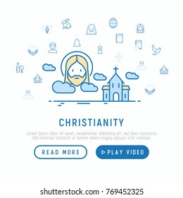 Christianity concept with thin line icons of priest, church, nun, crucifixion, Jesus, bible, dove. Modern vector illustration, template for web page.