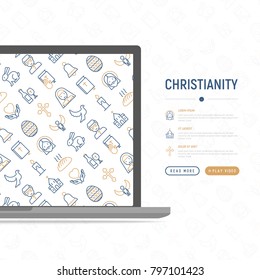 Christianity concept with thin line icons of priest, church, nun, crucifixion, Jesus, bible, dove. Vector illustration, web page template.