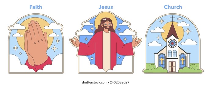 Christianity concepts. Hand in prayer, Jesus's benevolence, and church as sanctuary. Expressions of worship, divine love, and community faith. Flat vector illustration