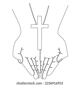 
Christianity continuous line drawing  Hand and Christian cross symbol  One hand contour drawing minimalistic sketch 