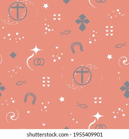 Christianity cross design in white, grey, and salmon vector illustration. Christian symbol seamless pattern.