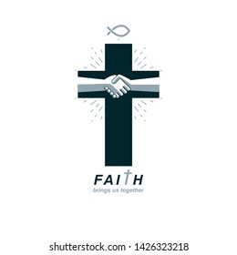 Christianity Cross true belief in Jesus vector symbol, Christian religion icon. Faith and Religion brings people together.