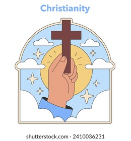 Christianity emblem. Hand holding the cross against a celestial backdrop, symbolizing faith and devotion. Emblematic of religious belief and spirituality. Flat vector illustration.