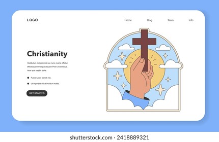 Christianity emblem. Hand holding the cross against a celestial backdrop, symbolizing faith and devotion. Emblematic of religious belief and spirituality. Flat vector illustration.