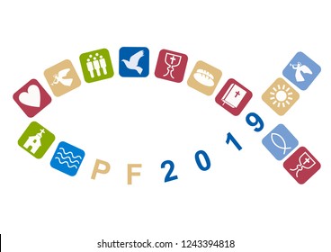 Christianity Fish symbol,Happy New Year 2019 with christian symbols.
Pf card new year 2019 with fish and Stylized christian icons. Vector available. 