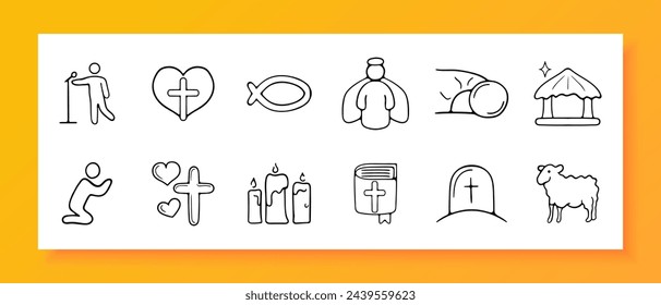 Christianity icon set. Angel, faith, communion, gazebo, bible. cross, prayer, halo. Black icon on a white background. Vector line icon for business and advertising