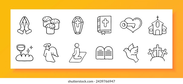 Christianity icon set. Angel, faith, communion, gazebo, bible. cross, prayer, halo. Black icon on a white background. Vector line icon for business and advertising