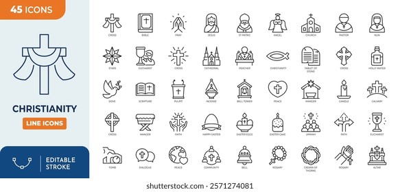 Christianity icon set. Christian icon set Containing cross, church, Jesus, bible, priest, prayer, Christian, baptism, and more. Vector illustration