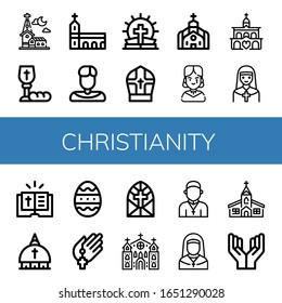 christianity icon set. Collection of Church, Communion, Monastery, Priest, Bible, Pope, Gothic, Nun, Vatican, Easter egg, Prayer, Stained glass window icons