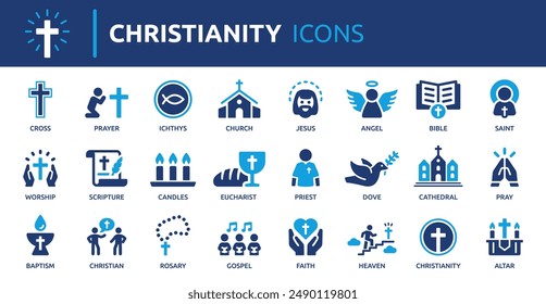 Conjunto de iconos del cristianismo. Conteniendo la cruz, la iglesia, la biblia, el sacerdote, la oración, el cristianismo, el bautismo, Jesús y más. Iconos de vector sólido colección.