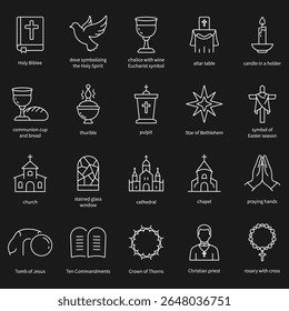 Conjunto de ícones do Cristianismo. Contendo cruz, igreja, bíblia, padre, oração, cristão, batismo, Jesus e muito mais. Coleção de ícones de vetor sólido.