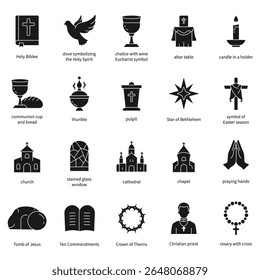Conjunto de ícones do Cristianismo. Contendo cruz, igreja, bíblia, padre, oração, cristão, batismo, Jesus e muito mais. Coleção de ícones de vetor sólido.