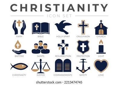 Christianity Icon Set with Faith, Bible, Crucifixion , Baptism, Church, Resurrection, Holy Spirit, Saints, Commandments,Light, Protection, Justice, Safety and Love Christian Icons