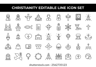 Christianity Icon Set featuring editable line icons of crosses, churches, Bibles, and religious symbols. Perfect for church branding, religious materials, event posters, and spiritual projects.