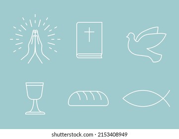 christianity icon set; praying hands, bible, dove, chalice, bread and fish - vector illustration