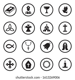 Christianity Icons. Black Flat Design In Circle. Vector Illustration.