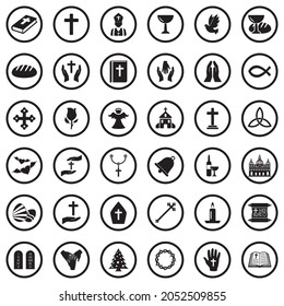 Christianity Icons. Black Flat Design In Circle. Vector Illustration.