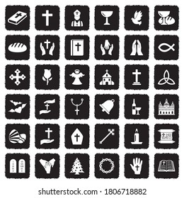 Christianity Icons. Grunge Black Flat Design. Vector Illustration. 