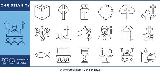 Christianity icons pack. 18 line icons. Vector editable stroke. Christ, bible, holy, easter.