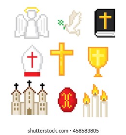 Christianity icons set. Pixel art. Old school computer graphic style. Games elements.