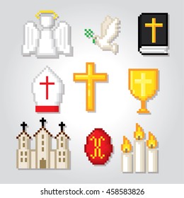 Christianity icons set. Pixel art. Old school computer graphic style. Games elements.