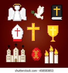 Christianity icons set. Pixel art. Old school computer graphic style. Games elements.