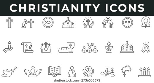 Christianity Icons vector illustration with thin line editable stroke containing cross altar heaven faith gospel rosary worship prayer church angel saint candles bible