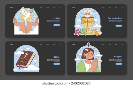 Christianity icons for web. Dove of hope, sacred Communion, Holy Bible, and prayer. Religious web design elements for faith-based content. Flat vector illustration