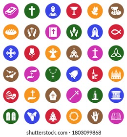Christianity Icons. White Flat Design In Circle. Vector Illustration.