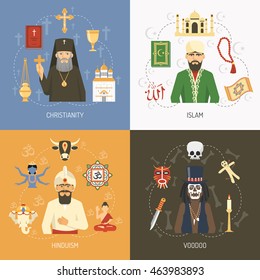 Christianity islam and hinduism religious concept and alternative voodoo ritual symbols 4 flat icons square isolated vector illustration