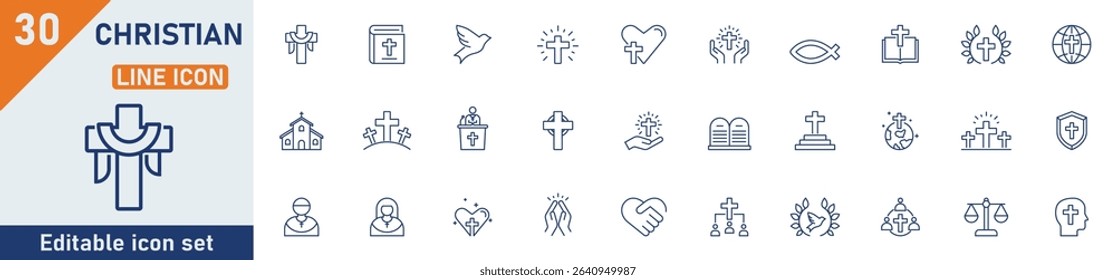 Christianity line icon set. Set of 30 outline icons related to Christian, cross, bible, dove, church, prayer and others. Editable stroke. Vector illustration.