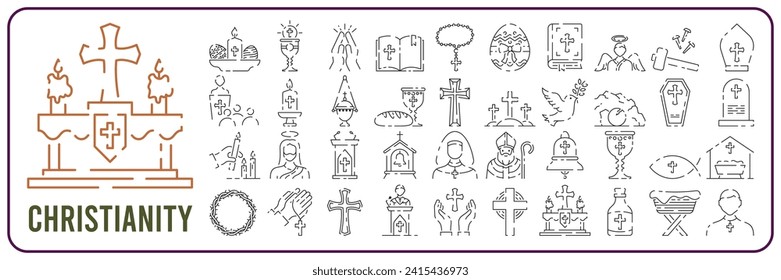 Christianity line icon set. Vector religion related icons. Bible, church and cross or Jesus