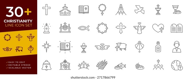 El Vector del conjunto de iconos de la línea del cristianismo presenta un trazo y contornos editables, que representan la cruz, la iglesia, la Biblia y otros conceptos religiosos espirituales, diseñados para el Web, los App y las plataformas digitales.