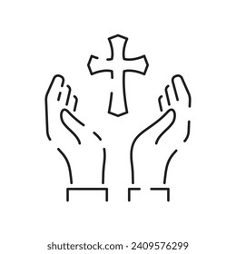 Christianity line icon. Vector religion related icons. Bible, church and cross or Jesus. Old cathedral, Medieval sign