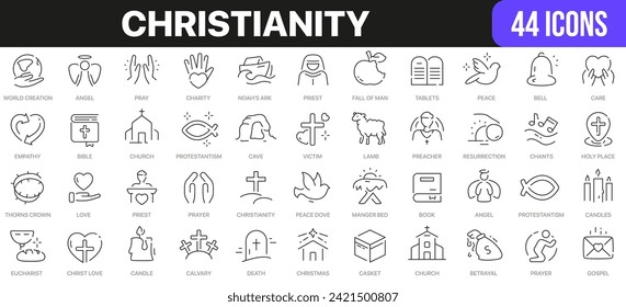 Kollektion von Symbolen der christlichen Linie. UI-Icon-Set in einem flachen Design. Ausgezeichnete Symbolsammlung. Paket mit den Symbolen der dünnen Umrisse. Vektorgrafik EPS10