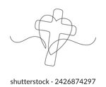 Christianity love. Heart and cross. Continuous line drawing. Religion concept. Vector illustration.