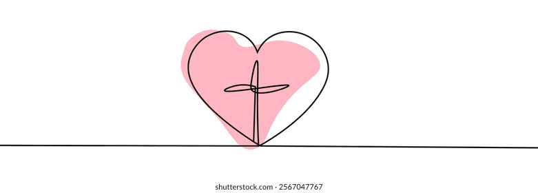 Christianity love. Heart and cross. Continuous line drawing. Religion concept. Vector illustration.