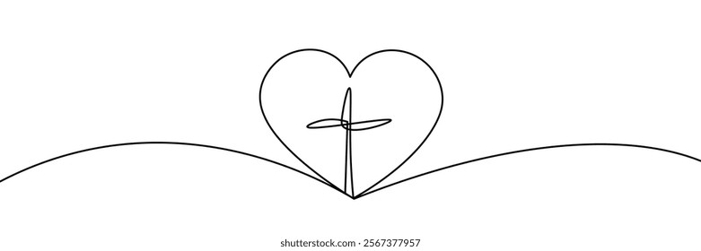 Christianity love. Heart and cross. Continuous line drawing. Religion concept. Vector illustration.