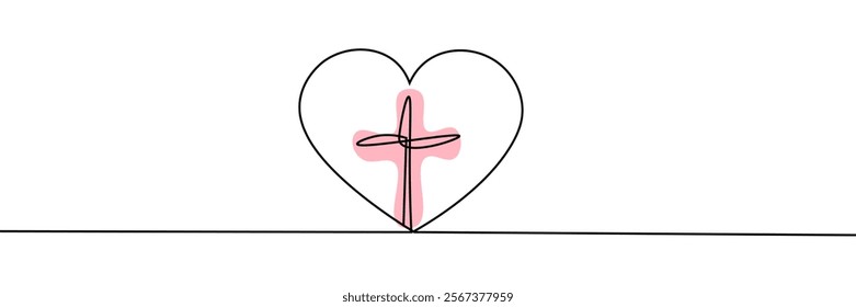 Christianity love. Heart and cross. Continuous line drawing. Religion concept. Vector illustration.