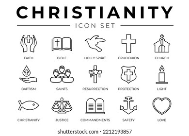 Christianity Outline Icon Set with Faith, Bible, Crucifixion , Baptism, Church, Resurrection, Holy Spirit, Saints, Commandments,Light, Protection, Justice, Safety and Love Thin Icons