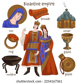 Christianity and people living in Byzantine empire, furniture and personal belongings. Ring and icon, goblet and cauldron, censer and brocade. Jewelry and clothes, kitchenware. Vector in flat style