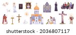 Christianity people religion symbols believers parishioners sitting in pew praying crucifixion priest church flat set vector illustration