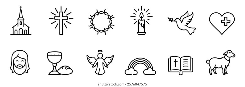 Christianity related icons: thin vector icon set, black and white kit